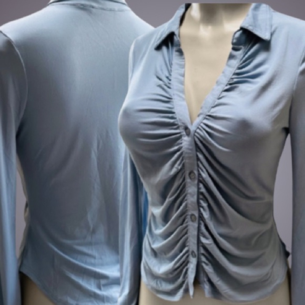New Beautiful Blue Classic Button Down Ruched Collared Blouse